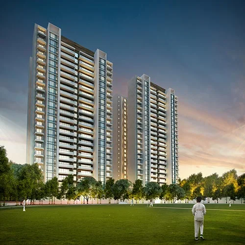 SOBHA City- View of Towers A3 & A4 from Podium Greens- Luxury Apartments in Delhi NCR, Gurgaon, Dwarka Expressway