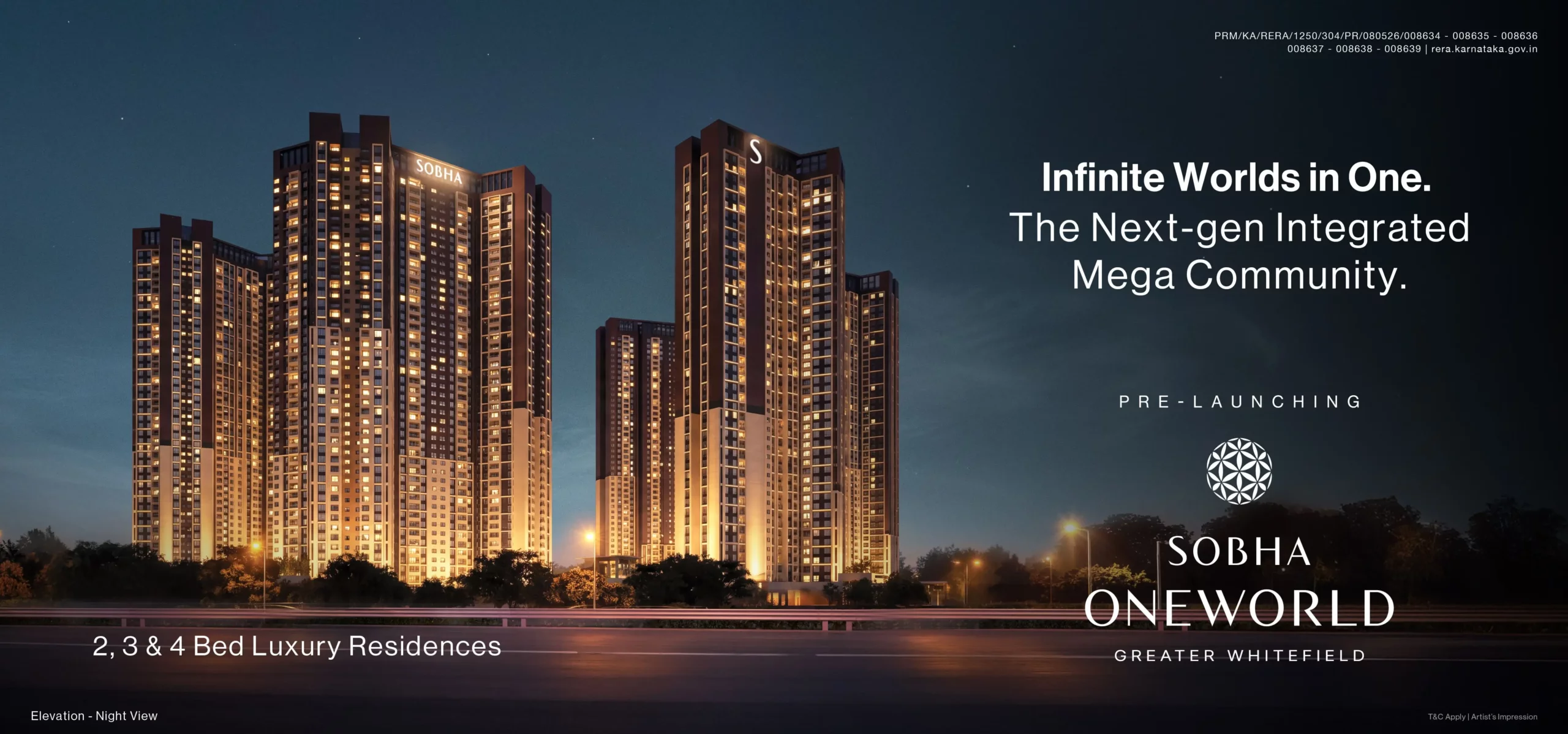 SOBHA OneWorld, Greater Whitefield Bengaluru – desktop homepage hero banner showing luxury apartment towers